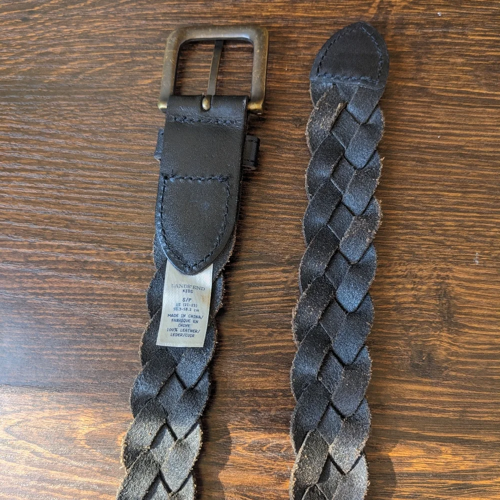 Lands' End Black Leather Braided Kids Boys Girls Youth Belt